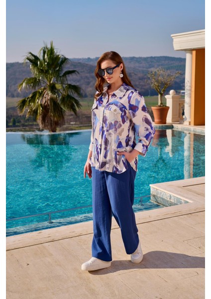 Büyük Beden Kadın Empirme Baskılı Şifon Taş ve Cep Detaylı Gömlek fırsatları