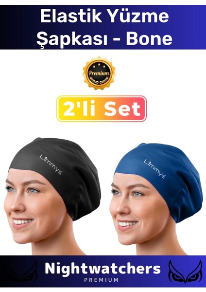 Deluxe Su Geçirmez Sızdırmaz Renkli Silikon Yüzücü Havuz Deniz Bone Elastik Yüzme Şapkası 2'li Set