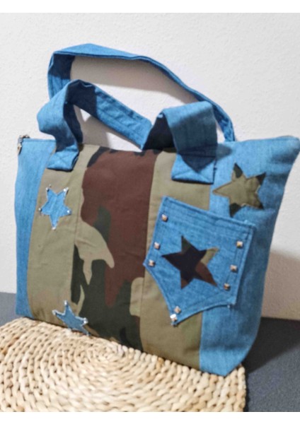 Kadın Kot Denim ve Kamuflaj Tasarımlı Çanta