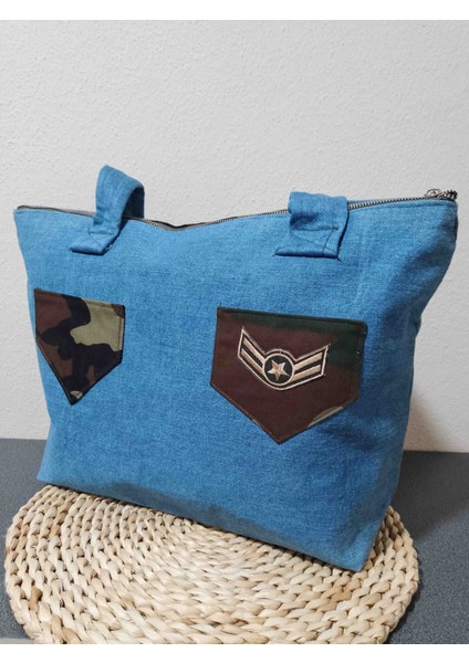 Kadın Kot Denim ve Kamuflaj Tasarımlı Çanta