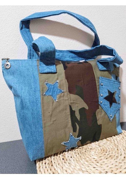 Kadın Kot Denim ve Kamuflaj Tasarımlı Çanta