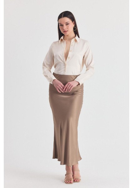 Vizon Beli Lastikli Saten Midi Etek 9427