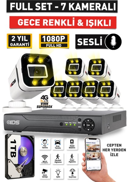 Sesli - 7 Kameralı Fullhd Gece Renkli ve Işıklı Güvenlik Kamerası - Kamera Seti 1tb Disk