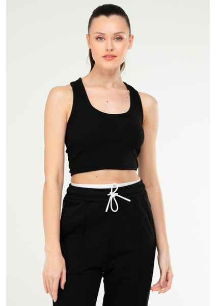 Siyah Slim Fit Basic Kaşkorse Askılı Kolsuz Kadın Crop Top Sc1242