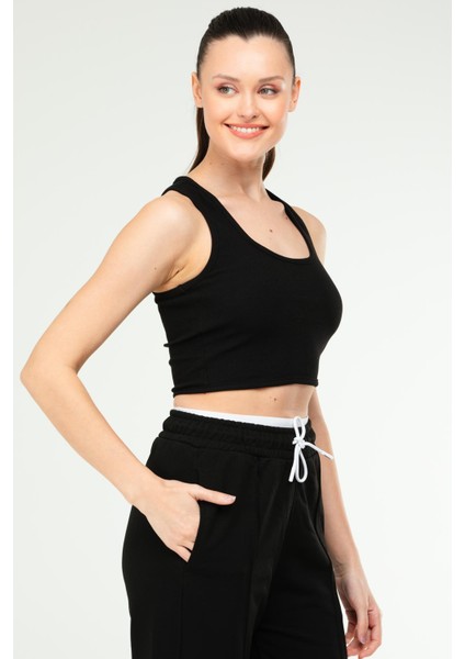Siyah Slim Fit Basic Kaşkorse Askılı Kolsuz Kadın Crop Top Sc1242