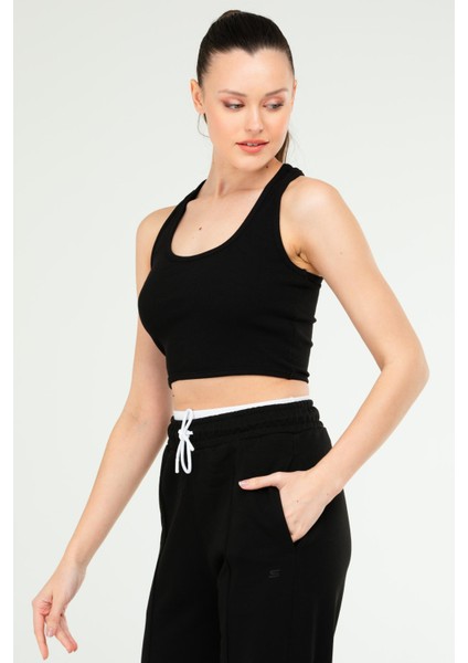 Siyah Slim Fit Basic Kaşkorse Askılı Kolsuz Kadın Crop Top Sc1242