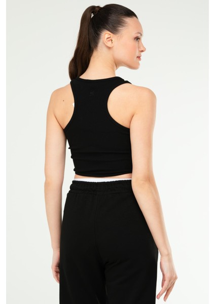Siyah Slim Fit Basic Kaşkorse Askılı Kolsuz Kadın Crop Top Sc1242