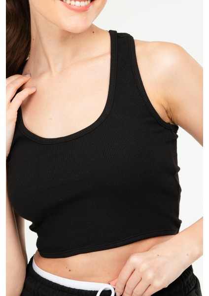 Siyah Slim Fit Basic Kaşkorse Askılı Kolsuz Kadın Crop Top Sc1242