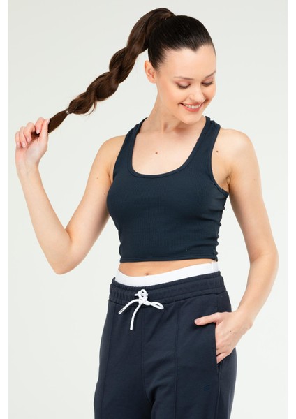 Lacivert Slim Fit Basic Kaşkorse Askılı Kolsuz Kadın Crop Top Sc1242