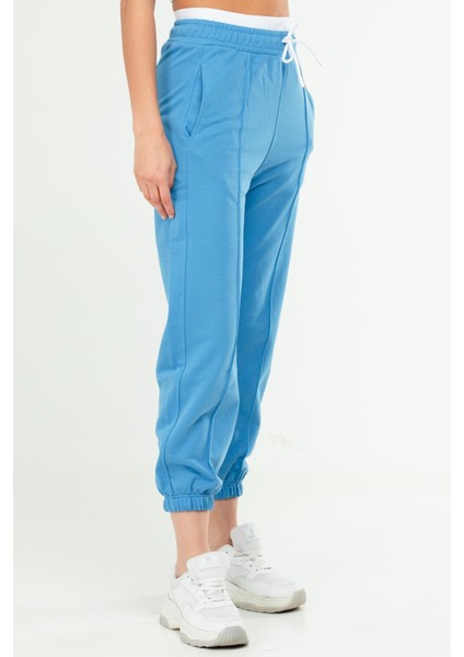 Mavi Oversize Basic Pamuklu Yüksek Bel Lastik Paça Kadın Eşofman Alt SD1000