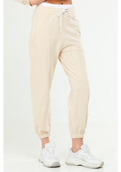 Bej Oversize Basic Pamuklu Yüksek Bel Lastik Paça Kadın Eşofman Alt SD1000
