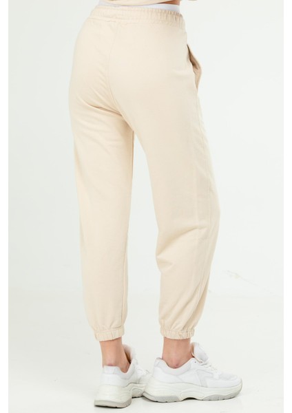 Bej Oversize Basic Pamuklu Yüksek Bel Lastik Paça Kadın Eşofman Alt SD1000