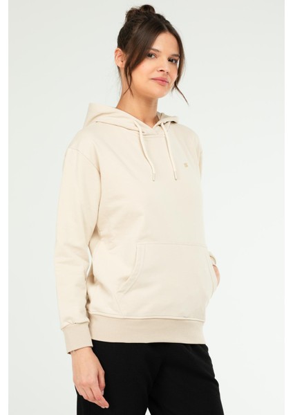 Beyaz - Siyah Oversize Basic Pamuklu Kapüşonlu Kanguru Cep Kadın Sweatshirt SC1242