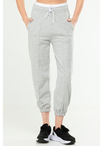 Gri Melanj Oversize Basic Pamuklu Yüksek Bel Lastik Paça Kadın Eşofman Alt SD1000
