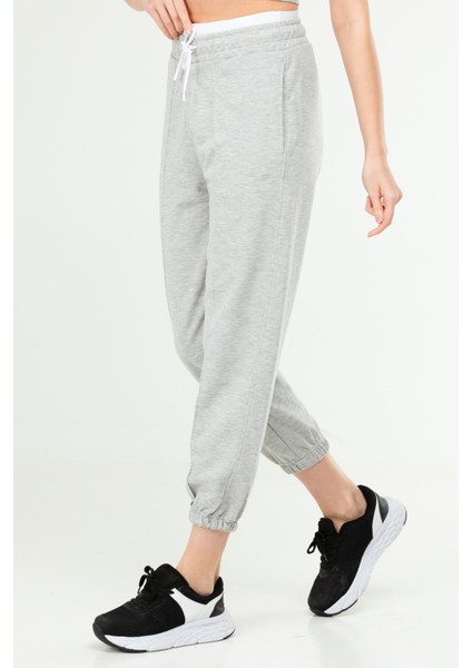 Gri Melanj Oversize Basic Pamuklu Yüksek Bel Lastik Paça Kadın Eşofman Alt SD1000