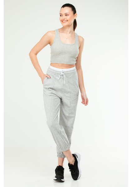 Gri Melanj Oversize Basic Pamuklu Yüksek Bel Lastik Paça Kadın Eşofman Alt SD1000