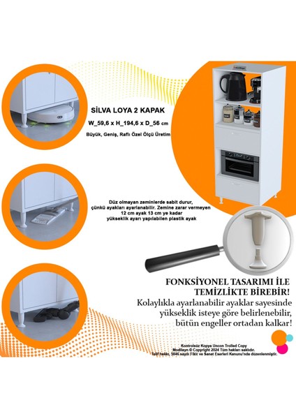 Silva Loya 2 Kapaklı 59,6 x 194,6 x 56 cm Mini Fırın Mikrodalga Dolabı Çok Amaçlı Mutfak Dolabı