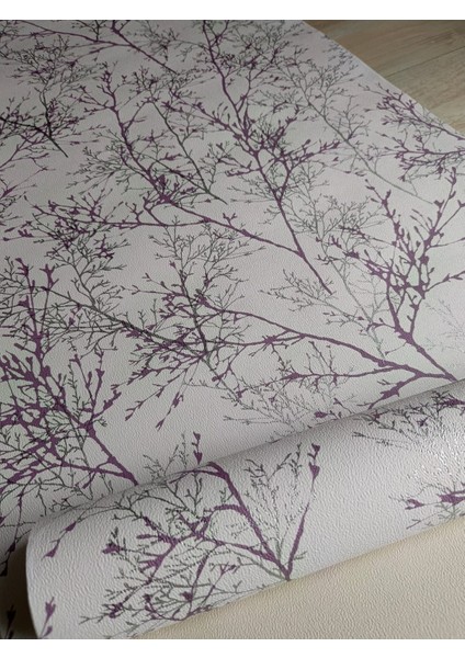 Lila Gümüş Dallı Çiçekli Silinebilir Duvar Kağıdı 5 M²