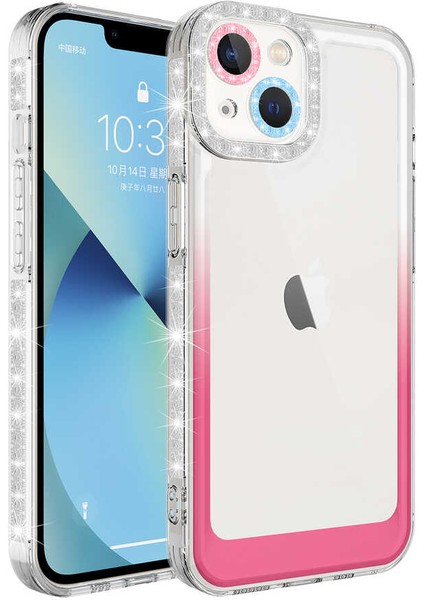Apple iPhone 14 Kılıf Simli ve Renk Geçiş Tasarımlı Lens Korumalı Vrdr Park Kapak-Beyaz-Pembe