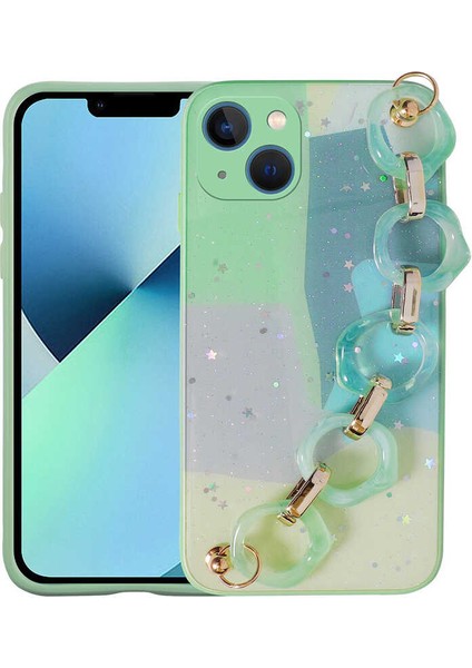 Apple iPhone 13 Kılıf Simli Desenli El Askılı Tutacaklı Vrdr Elsa Silikon Kapak-Yeşil