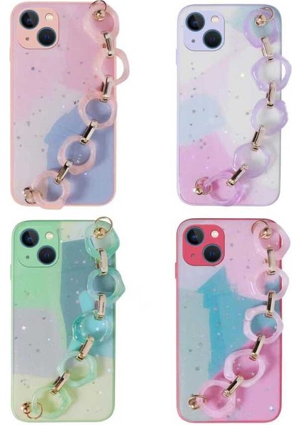 Apple iPhone 13 Kılıf Simli Desenli El Askılı Tutacaklı Vrdr Elsa Silikon Kapak-Yeşil