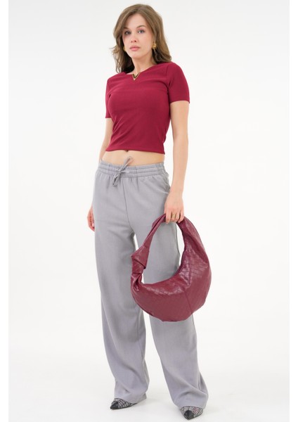 Bordo V Yaka Aksesuar Detaylı Fitilli Örme Bluz fırsatları