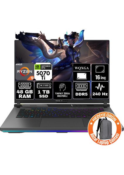 Rog Strix G16 Amd Ryzen 9 9955HX 48GB 1tb SSD RTX5070TI 12GB Windows 11 Pro 16" Wqxga Taşınabilir Bilgisayar G614FR-A59