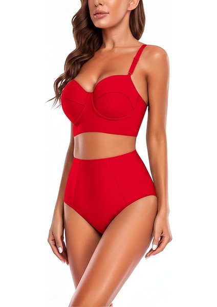 Kırmızı Yüksek Bel Bikini Alt Üst Takım modelleri