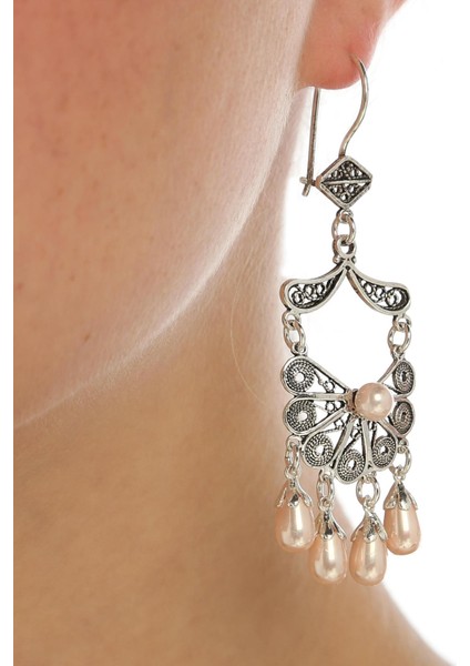 925 Ayar Gümüş Yelpaze Desenli İnci Taşlı Telkari Küpe