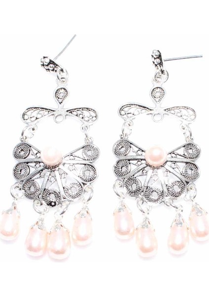 925 Ayar Gümüş Yelpaze Desenli İnci Taşlı Telkari Küpe fiyatları