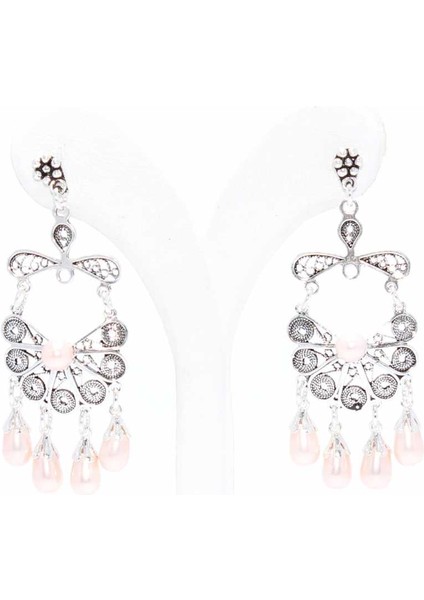 925 Ayar Gümüş Yelpaze Desenli İnci Taşlı Telkari Küpe modelleri