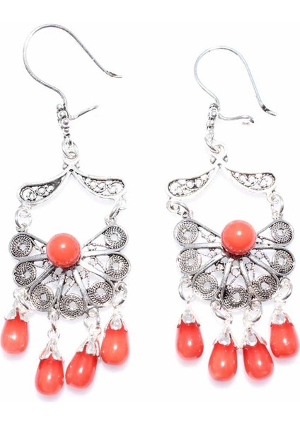 925 Ayar Gümüş Telkari,Yelpaze Motifli, Alt Ucu Mercan Damla Taş Sallamalı Küpe