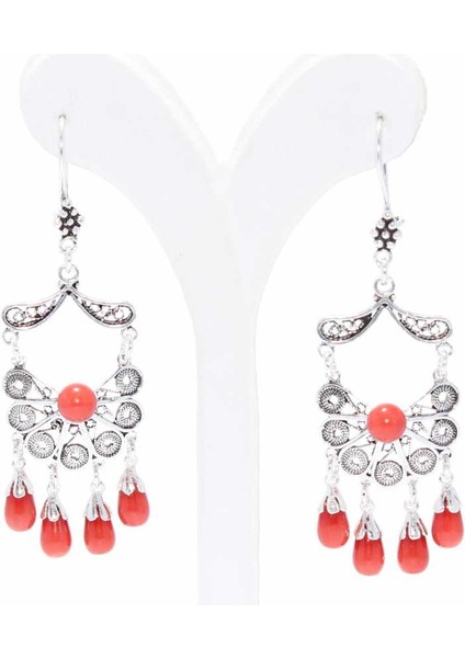 925 Ayar Gümüş Telkari,Yelpaze Motifli, Alt Ucu Mercan Damla Taş Sallamalı Küpe fiyatları