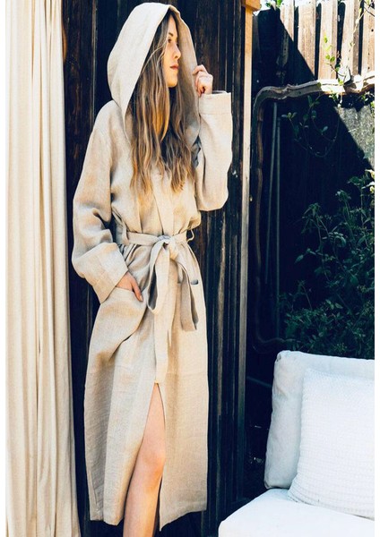 Keten BORNOZ(KAPŞONLU-130 Cmboy-Çift Kat)