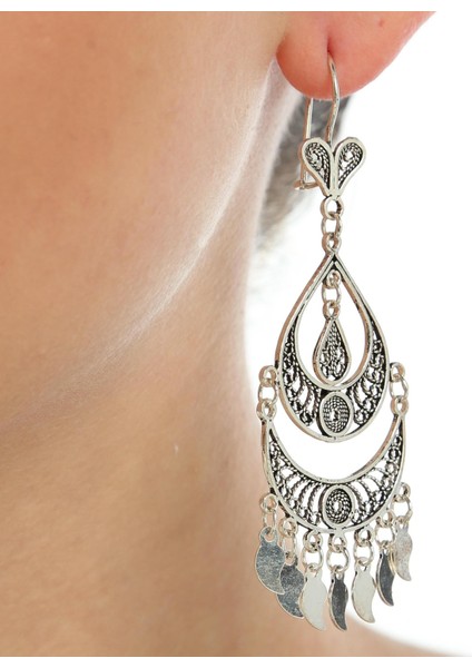 925 Ayar Gümüş Avize Motifli Pul Sallantılı Telkari Küpe