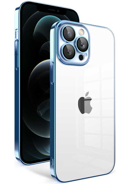 Apple iPhone 12 Pro Max Kılıf Kamera Korumalı Renkli Çerçeveli Vrdr Garaj Kapak-Mavi Açık