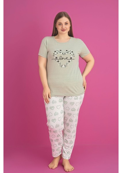 X-Dreamy Büyük Beden Pamuklu Kalp Desenli Kısa Kollu Pijama Takımı