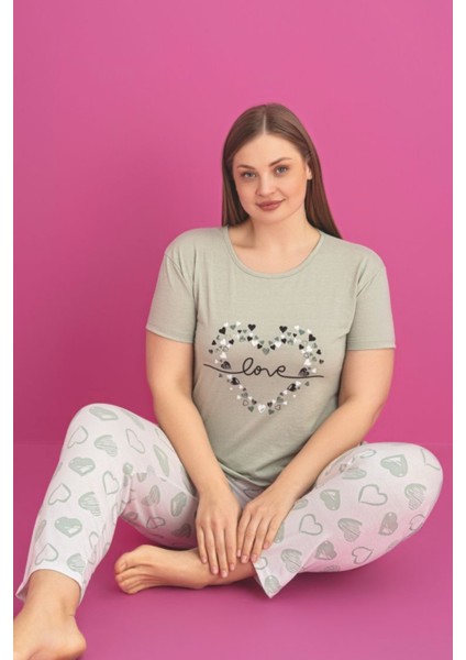 X-Dreamy Büyük Beden Pamuklu Kalp Desenli Kısa Kollu Pijama Takımı