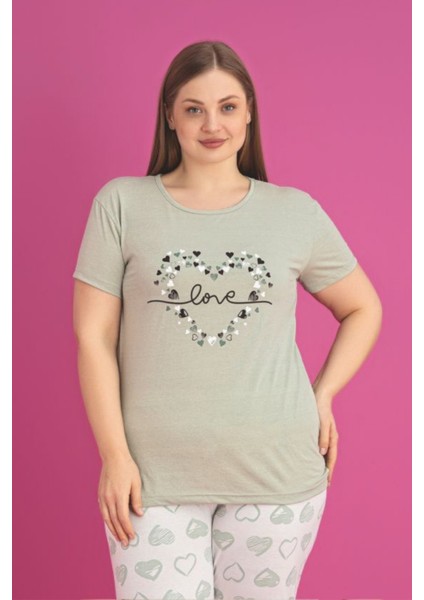 X-Dreamy Büyük Beden Pamuklu Kalp Desenli Kısa Kollu Pijama Takımı