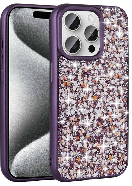 Apple iPhone 15 Pro Kılıf Parlak Taşlı Tasarım Vrdr Linea Kapak-Derin Mor