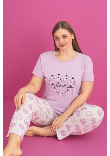 X-Dreamy Büyük Beden Pamuklu Kalp Desenli Kısa Kollu Pijama Takımı