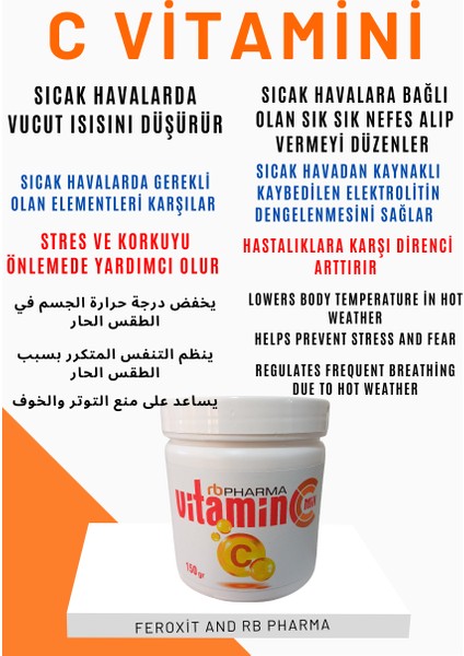 C Vitamini 150 gr (Tüm Kuş Türleri İçin ) Sıcak Havalarda Vücut Isısını Düşürür