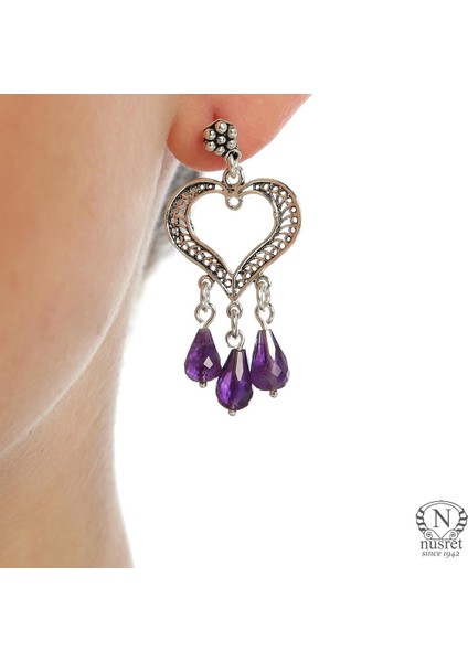 925 Ayar Gümüş Kalp Modeli Damla Ametist Taşlı Telkari Küpe