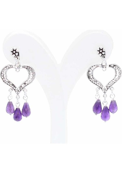 925 Ayar Gümüş Kalp Modeli Damla Ametist Taşlı Telkari Küpe fiyatları