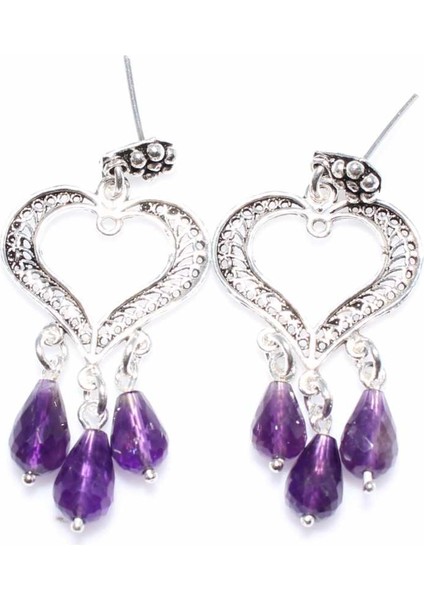 925 Ayar Gümüş Kalp Modeli Damla Ametist Taşlı Telkari Küpe modelleri