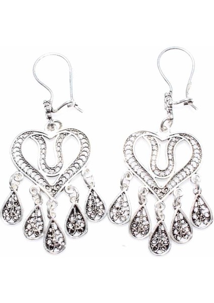 925 Ayar Gümüş Lale Desenli Kalp Modeli Telkari Küpe