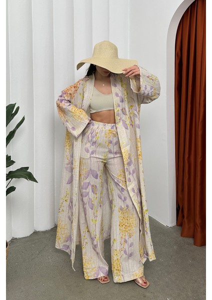Desenli Keten Kimono Alt Üst Takım