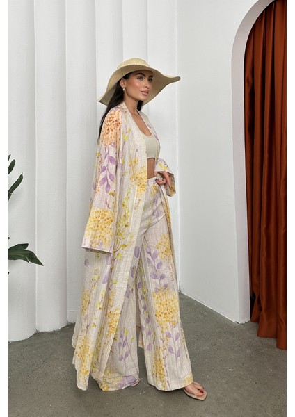 Desenli Keten Kimono Alt Üst Takım