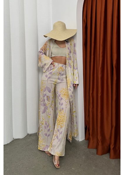 Desenli Keten Kimono Alt Üst Takım