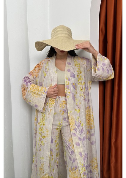 Desenli Keten Kimono Alt Üst Takım